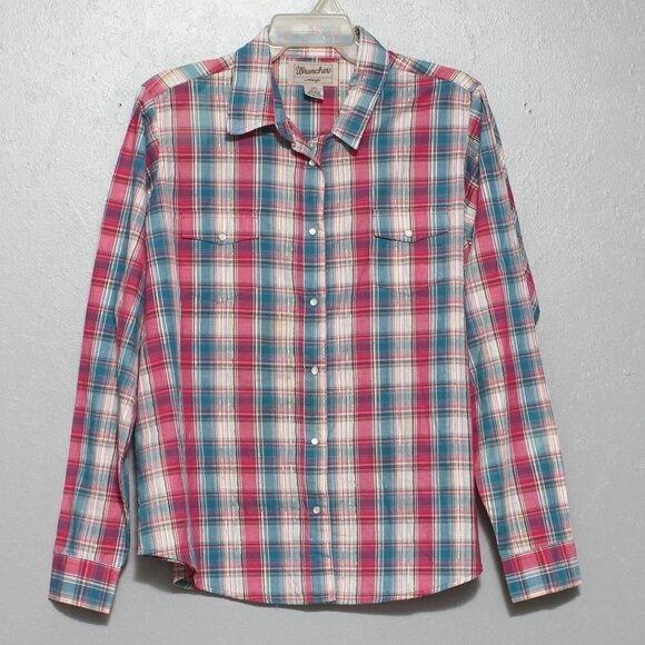 Wrangler wrancher pink blue plaid Pearl snap button up long sleeve shirt - Picture 1 of 4